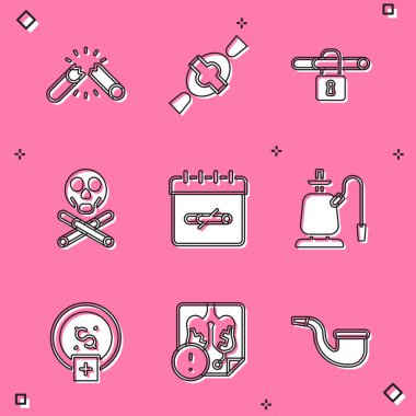 Kırık sigara, Candy, sigara yok, kemik kafatası, günler, nargile, para biriktirmeyi bırak ve akciğer hastalıkları ikonu. Vektör