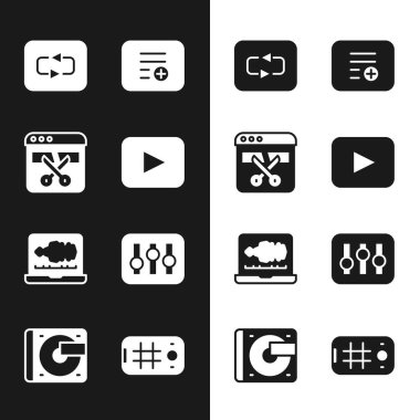 Play tuşu, Video kaydedici veya düzenleyici, Tekrarla, çalma listesi ekle, ses, karıştırıcı denetleyici, selfie mobil ve vinil disk simgesi içeren vinil oynatıcıyı ayarla. Vektör