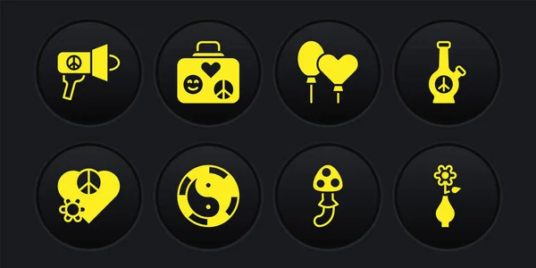 Set Love peace, Bong, symbole Yin Yang, champignon Psilocybin, ballons, valise de voyage, vase à fleurs et icône mégaphone. Vecteur — Image vectorielle