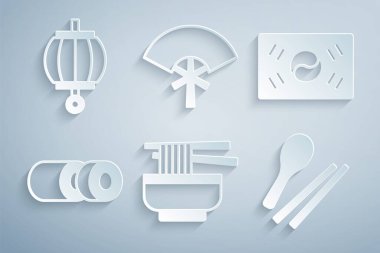 Ramen, Güney Kore bayrağı, suşi, yemek çubukları, geleneksel hayran ve Kore fener ikonu. Vektör