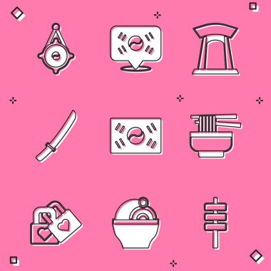 Kore fenerini, Güney konumunu, kapıyı, Katana 'yı, bayrağı, Ramen' i, Lock 'u kalp ve ikon ile ayarla. Vektör