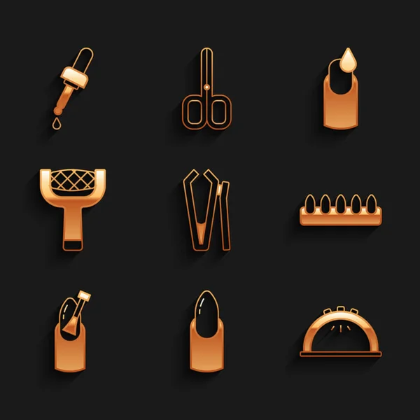 Set Nagelsnijder, manicure, Manicure lamp, Valse nagels, bestand, en Pipet met olie-pictogram. Vector — Stockvector