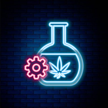 Duvarda marihuana ya da kenevir yaprağı ikonu bulunan parlak neon hattı test tüpü. Araştırma konsepti. Laboratuvar CBD yağ konsepti. Renkli taslak konsepti. Vektör