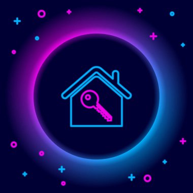 Siyah arkaplanda anahtar simgesi olan parlak neon hattı House. Ev anahtarının konsepti. Renkli taslak konsepti. Vektör