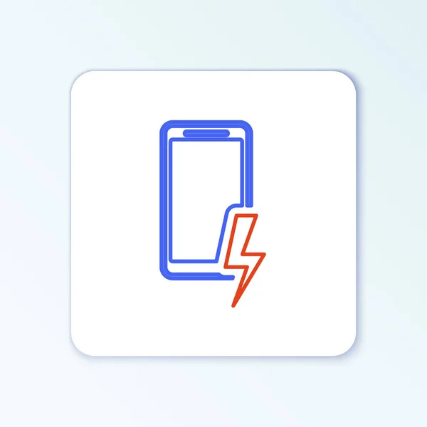 Line Smartphone charging battery icon isolated on white background. Phone with a low battery charge. Colorful outline concept. Vector — Stock Vector