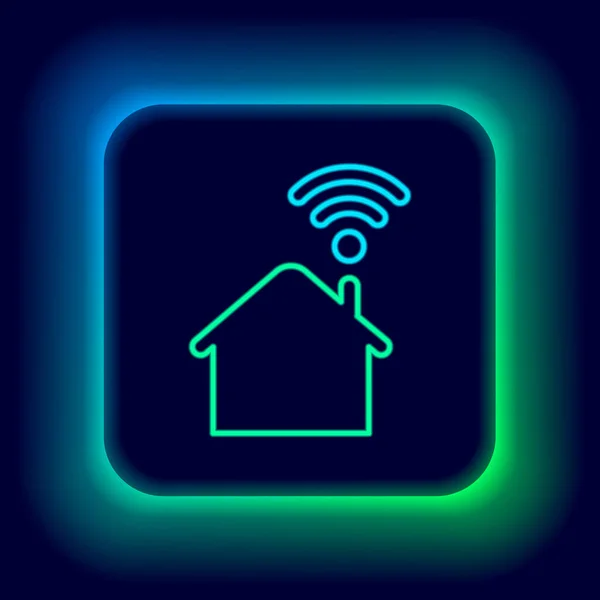 Ligne lumineuse néon Smart home avec icône wi-fi isolée sur fond noir. Télécommande. Concept de contour coloré. Vecteur — Image vectorielle