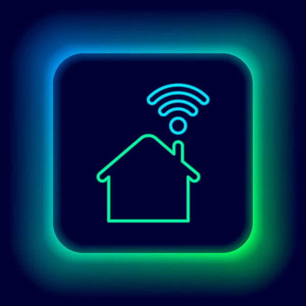 Línea de neón brillante Hogar inteligente con icono wi-fi aislado sobre fondo negro. Control remoto. Concepto de esquema colorido. Vector — Vector de stock