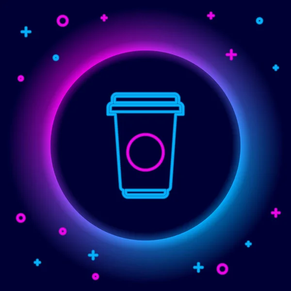 Светящийся неоновая линия Кофейная чашка значок изолирован на черном фоне. Одноразовая чашка кофе с горячим кофе. Красочная концепция контура. Вектор — стоковый вектор