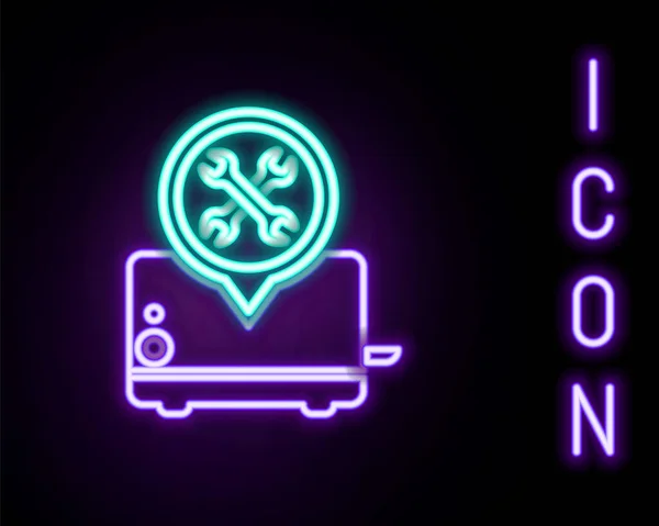 เครื่องปิ้งขนมปังเส้นนีออนเรืองแสงที่มีไขควงและไอคอนประแจแยกจากพื้นหลังสีดํา การปรับ, บริการ, การตั้งค่า, การบํารุงรักษา, การซ่อมแซม, การแก้ไข แนวคิดโครงร่างที่มีสีสัน เวกเตอร์ — ภาพเวกเตอร์สต็อก