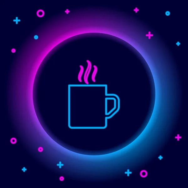 Icono de taza de café de línea de neón brillante aislado sobre fondo negro. Taza de té. Café caliente. Concepto de esquema colorido. Vector — Archivo Imágenes Vectoriales