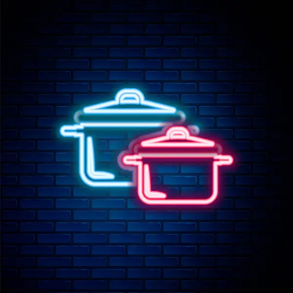 Gloeiende neon lijn Koken pot pictogram geïsoleerd op baksteen muur achtergrond. Kook of stoofpot voedsel symbool. Kleurrijk concept. Vector — Stockvector