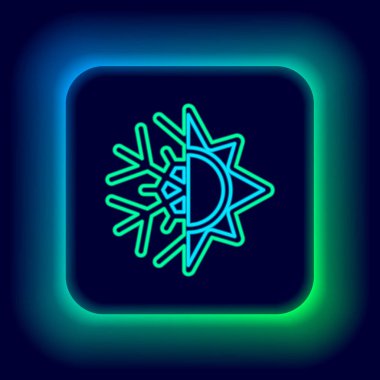 Parlayan neon hattı Sıcak ve soğuk sembol. Siyah zemin üzerinde izole edilmiş güneş ve kar tanesi simgesi. Kış ve yaz sembolü. Renkli taslak konsepti. Vektör