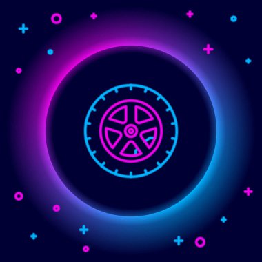 Parlak neon çizgili araba tekerleği simgesi siyah arkaplanda izole edildi. Renkli taslak konsepti. Vektör