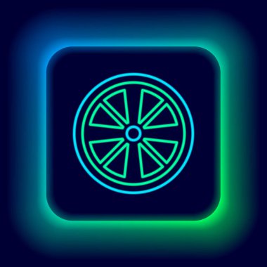 Siyah arkaplanda izole edilmiş bir araba simgesi için parlayan neon hat alloy tekerleği. Renkli taslak konsepti. Vektör