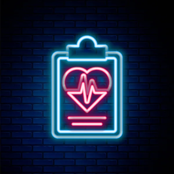 Leuchtende Leuchtschrift-Ikone der Krankenversicherung isoliert auf Ziegelwand-Hintergrund. Patientenschutz. Sicherheit, Sicherheit, Schutz, Schutzkonzept. Buntes Rahmenkonzept. Vektor — Stockvektor