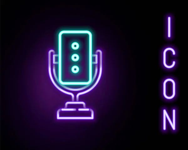 Gloeiende neon lijn Microfoon pictogram geïsoleerd op zwarte achtergrond. Op radio microfoon. Speaker teken. Kleurrijk concept. Vector — Stockvector