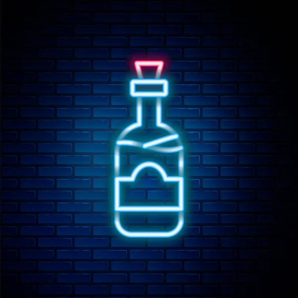 Zářící neonová čára Láhve s ikonou vína izolované na pozadí cihlové zdi. Barevný koncept. Vektor — Stockový vektor