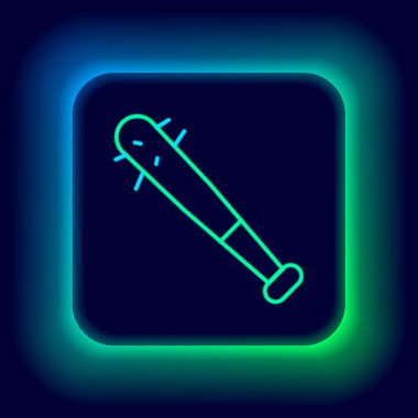 Siyah zemin üzerinde çivi simgesi olan parlak neon çizgili beyzbol sopası. Şiddetli silah. Renkli taslak konsepti. Vektör