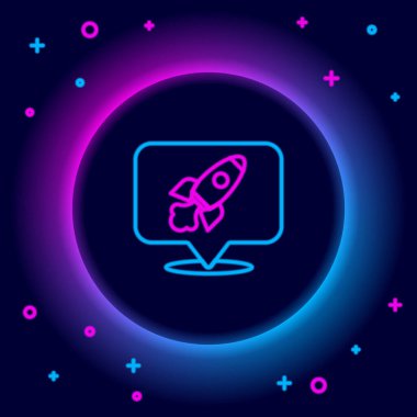 Parlayan neon hattı Roket gemisi simgesi siyah arkaplanda izole edildi. Uzay yolculuğu. Renkli taslak konsepti. Vektör