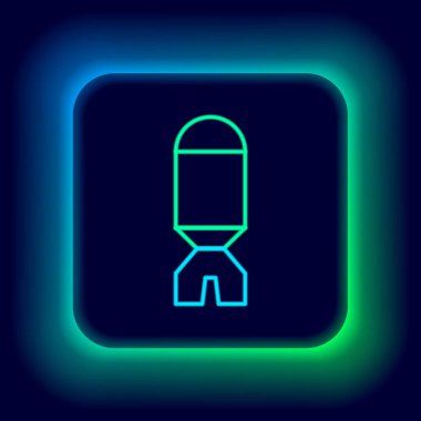 Parlayan neon hattı roket fırlatıcı ve siyah arka planda izole edilmiş bir füze ikonu. Renkli taslak konsepti. Vektör