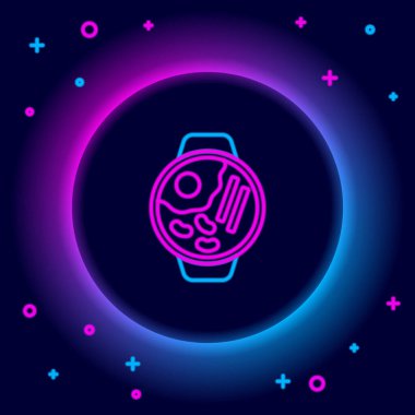 Siyah arka planda izole edilmiş erişte ikonuyla parlayan neon hattı Ramen çorbası kasesi. Bir kase geleneksel Asya erişte çorbası. Renkli taslak konsepti. Vektör