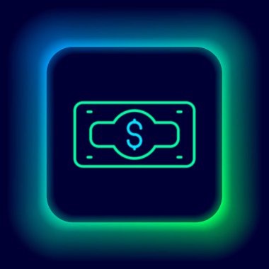 Parlak neon hattı kağıt yığınları para ikonu siyah arka planda izole. Para desteleri. Para birimi. Renkli taslak konsepti. Vektör