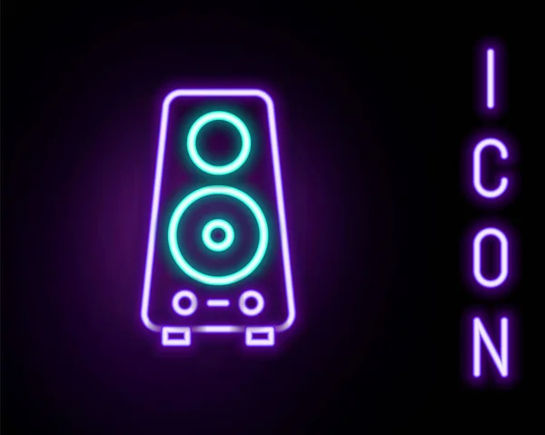 Gloeiende neon lijn Stereo luidspreker pictogram geïsoleerd op zwarte achtergrond. Geluidssysteemluidsprekers. Muziek icoon. Muzikale kolom luidspreker bas apparatuur. Kleurrijk concept. Vector — Stockvector