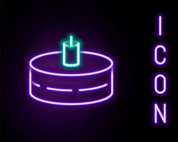 Linha de néon brilhante Bolo com velas em chamas ícone isolado no fundo preto. Feliz Aniversário. Conceito de esboço colorido. Vetor —  Vetores de Stock