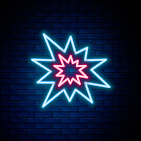 Illuminante linea al neon Esplosione di bomba con schegge e icona palla di fuoco isolato su sfondo muro di mattoni. Concetto di contorno colorato. Vettore — Vettoriale Stock