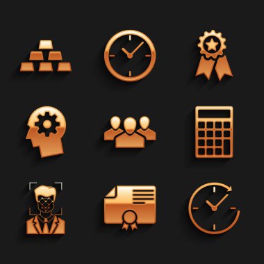 Kullanıcı grubunu, Sertifika şablonunu, oklu saati, hesap makinesini, yüz tanıma sistemini ve simgenin içindeki insan başlığını ayarla. Vektör