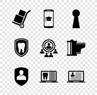 El arabası ve kutuları ayarla, cep telefonu, anahtar deliği, kullanıcı koruması, diş kartlı dizüstü bilgisayar ve özgeçmiş simgesi. Vektör