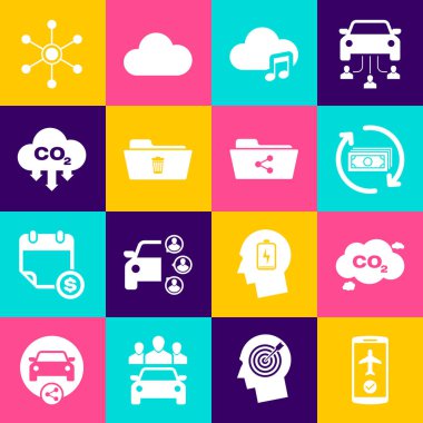 Uçuş modunu mobil, CO2 emisyon bulutu, geri ödeme parası, müzik akışı hizmeti, dizin ve simgeyi sil. Vektör