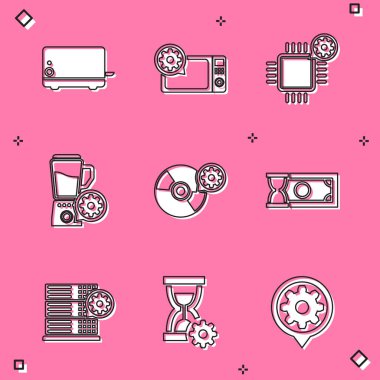 Tost makinesini, mikrodalga fırın ayarını, işlemciyi, kaseli blenderi, CD DVD diskini ve Hızlı Ödeme simgesini ayarla. Vektör