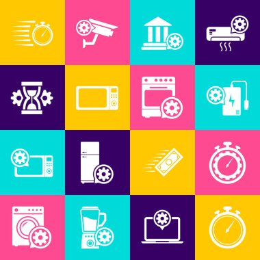 Kronometre, zaman yönetimi ayarları, elektrik bankası, banka binası, mikrodalga fırın ve kum saati simgesi. Vektör