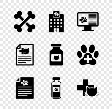 Çapraz kemikler, veterinerlik hastanesi, klinik kayıt cihazı, köpek kedisi için tıbbi sertifika, evcil hayvan şişesi tıbbi ve klinik ikonu. Vektör