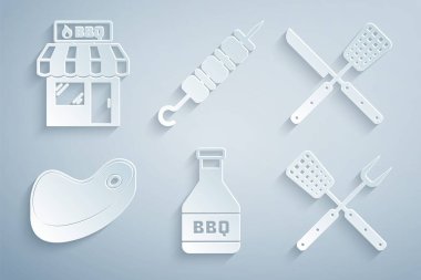 Ketçap şişesi, çapraz bıçak ve spatula, biftek eti, çatal, ızgara şiş kebap ve barbekü alışveriş merkezi ikonu. Vektör