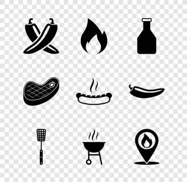 Crossed acı biber kabuğu, ateş alevi, ketçap şişesi, barbekü spatulası, ızgara, şömineli konum, biftekli et ve Hotdog sandviç ikonu. Vektör