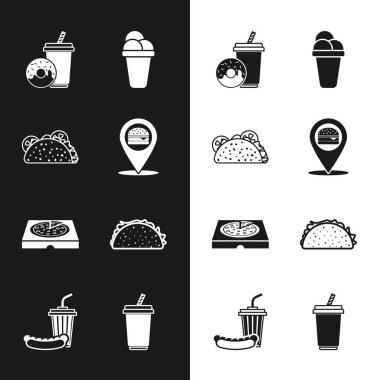 Yeri hamburger, taco tortilla, gazoz, çörek, dondurma, karton pizza kutusu, cam su ve sosisli ikonu ile ayarla. Vektör