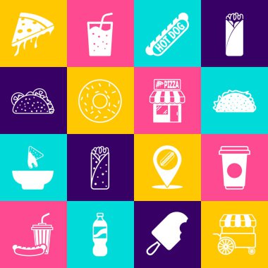 Fast street food seti, kahve fincanı tortilla, Hotdog sandviçi, Donut, Dilimlenmiş pizza ve Pizzeria binası ön cephe ikonu. Vektör