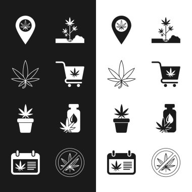 Marihuana, marihuana veya kenevir yaprağı, konum ve ekme, saksı, yağ, dur ve takvim ikonu ile alışveriş arabası ayarla. Vektör