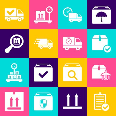 Teslimat listesini, uçak ve karton kutusunu, işaretli paketi, teslimat kamyonu saatini, hareket halinde, arama paketini ve kronometre simgesini onayla. Vektör