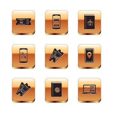 Otobüs bileti, kapak kitabı seyahat rehberi, müze, çevrimiçi çevirmen, otel rezervasyonu ve araba paylaşım ikonu. Vektör