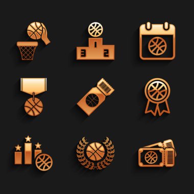 Basketbol maçı bileti, basketbol ödülü, spor ödüllü podyum, madalya, spor takvimi ve ikon. Vektör