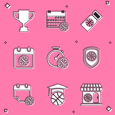 Set Ödülü kupası, spor takviminde basketbol, maç bileti basketbolda sttopwatch, kalkanda ve antrenman ikonunda. Vektör