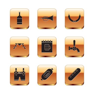 Bira şişesi, Lederhosen, salam sosisi, Aziz Patrick günü takvimi, banklı piknik masası, sosis, Fransız baget ekmeği ve müzik aleti trompet ikonu. Vektör