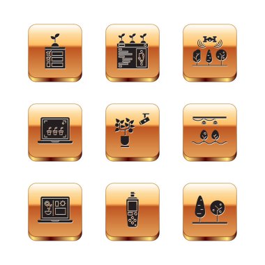 Akıllı tarım teknolojisi, taşınabilir sensör, insansız hava aracı, ağaçlar ve simge ile ayarlayın. Vektör