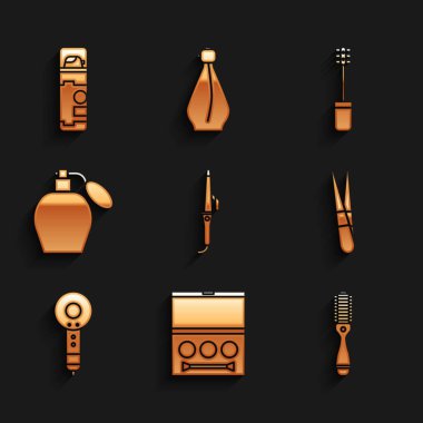 Saç maşası, göz farı paleti, saç fırçası, kaş cımbızı, kurutucu, parfüm, maskara ve tıraş jeli ikonu. Vektör