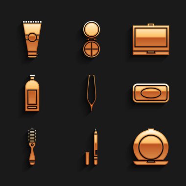 Kaş cımbızı, göz kalemi, kaş, aynalı makyaj tozu, sabun, saç fırçası, şişe şampuanı ve losyon kozmetik tüp ikonu. Vektör