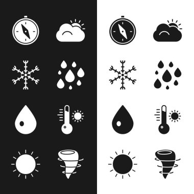 Su damlası, Kar Tanesi, Pusula, Güneş ve Bulut, Meteoroloji termometresi, Tornado ve ikonu ayarla. Vektör