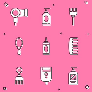 Saç kurutma makinesi, krem veya losyon kozmetik tüp, saç fırçası, el aynası, şampuan şişesi ve erkek ikonu için elektrikli tıraş bıçağı. Vektör